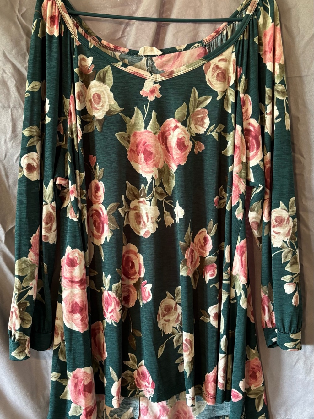 Floral Off-Shoulder Tunic Top in Dark Green and Pink Roses